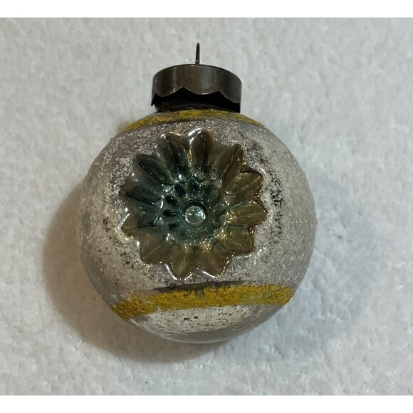 Vintage Mini Radko Shiny Brite Flocked Yellow Indent Ball Mercury Glass - Picture 3 of 8